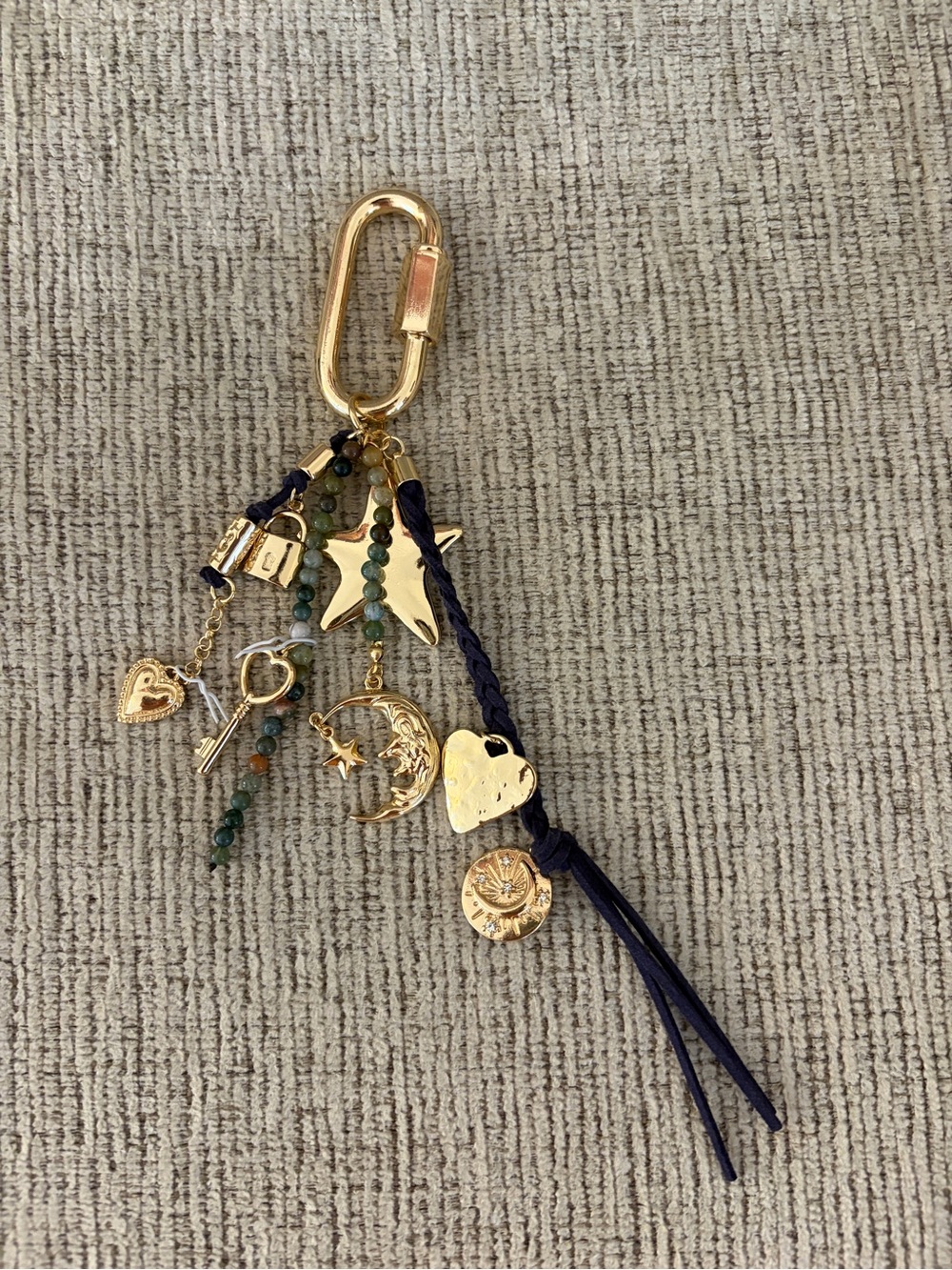 Gold and Navy Bag Charm Keychain with Hearts, Moon & Tassel